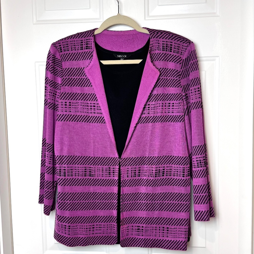 Ladies 2-Piece Purple & Black Misook Knitwear Jacket & Tank, Sz Med